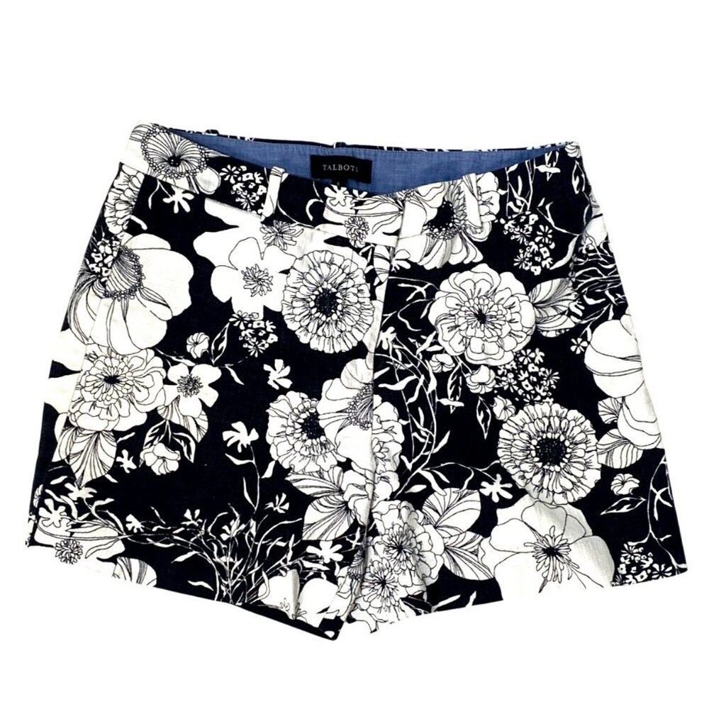 Talbots Black White Floral Print High Rise Cotton Shorts Women's Size 6